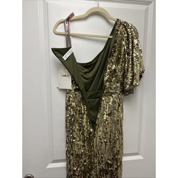 Mac Duggal Size 4 Gold Green 93540 One-Shoulder Sequin Formal Gown Maxi Dress - Picture 12 of 13